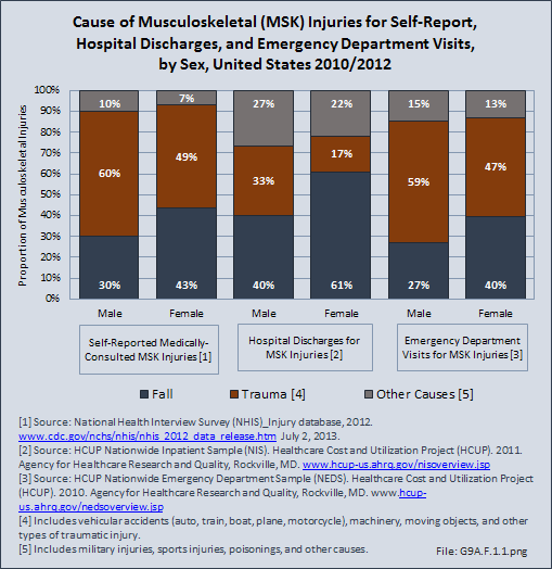 Cause of Musculoskeletal (MSK) Injuries for Self-Report, Hospital Discharges, and Emergency Department Visits, by Sex, United States 2010/2012