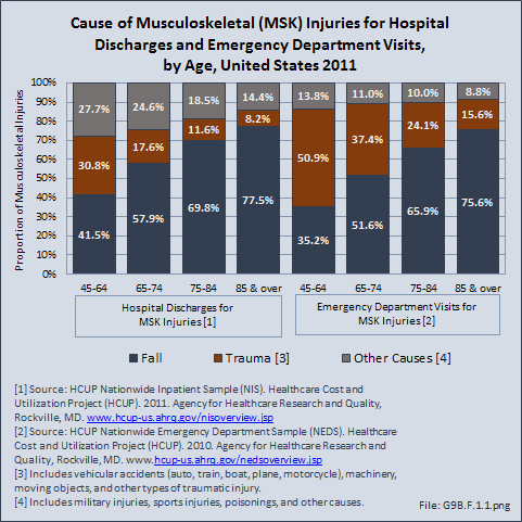 Cause of Musculoskeletal (MSK) Injuries for Self-Report, Hospital Discharges, and Emergency Department Visits, by Age, United States 2010/2012