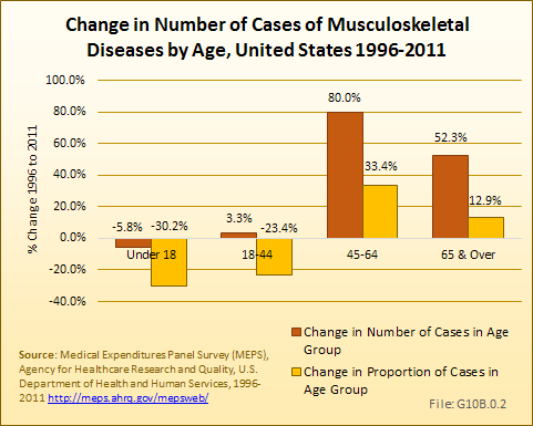 Change in Numbe of Cases of Musculoskeletal Diseases, by Age Group, 1996-2011