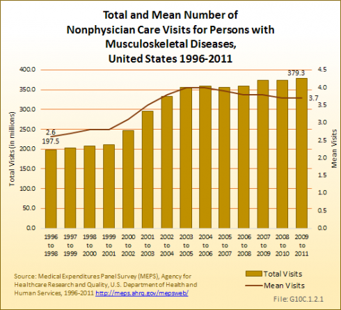 Total and Mean Number of Non-Physician Care Visits for Persons with Musculoskeletal Diseases, United States 1996-2011